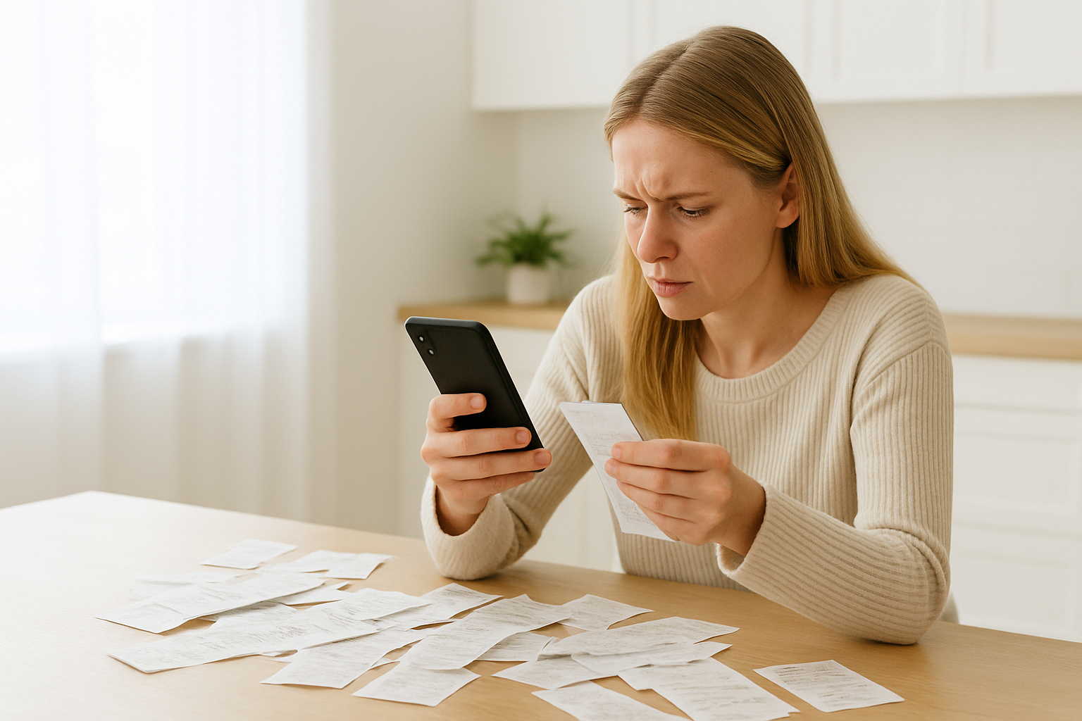 Woman stressed with receipts